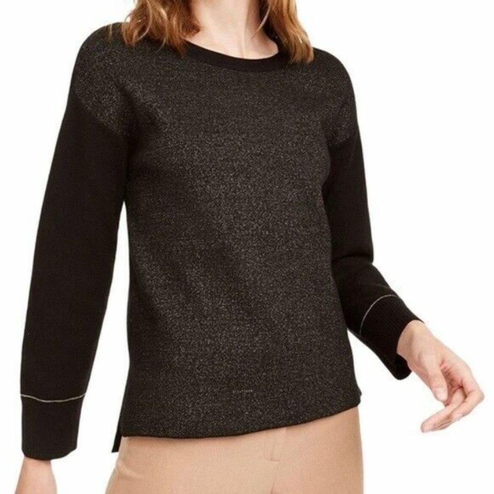 Anne Klein NWT Shimmer Black & Gold Metallic Hi/Low Sweater XL